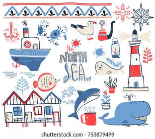 Vector doodle illustration. North sea. Scandinavian style. Collection with lighthouse, boat, marine animals, whale, killer whale, crabs, gull, fish, sea symbols.