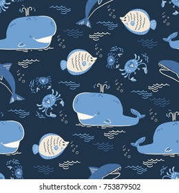 Vector doodle illustration. North sea. Scandinavian style. Seamless pattern with marine animals, whale, killer whale, crabs, gull, fish, sea symbols. Ocean depth Blue pattern Decorative