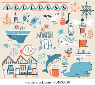 Vector doodle illustration. North sea. Scandinavian style. Collection with lighthouse, boat, marine animals, whale, killer whale, crabs, gull, fish, sea symbols.