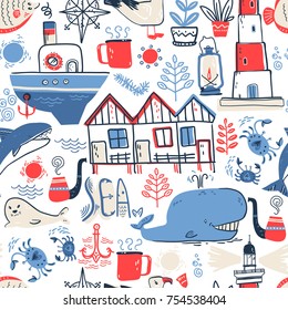 Vector doodle illustration. North sea. Scandinavian style. Seamless pattern with lighthouse, boat, marine animals, whale, killer whale, crabs, gull, fish, sea symbols.