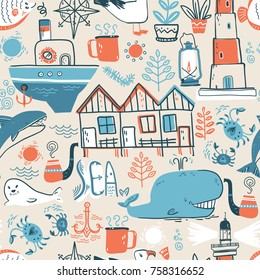 Vector doodle illustration. North sea. Scandinavian style. Seamless pattern with lighthouse, boat, marine animals, whale, killer whale, crabs, gull, fish, sea symbols.