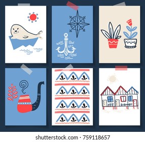 Vector doodle illustration. North sea. Scandinavian style. Ready cards with houses, pipe, houseplants, seal sea symbols