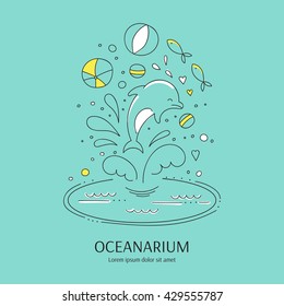 Vector doodle illustration for oceanarium or dolphinarium. Clean elegant dolphin show background. For posters, cards, brochures and flyers, souvenirs, invitations, website designs.