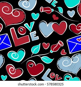 Vector doodle illustration on black background. Holiday background. Vector rose, hearts and love seamless pattern in blue and red colors.