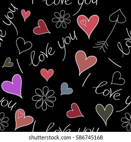 Vector doodle illustration on black background. Holiday background. Vector chamomile, hearts and love seamless pattern in pink and violet colors.