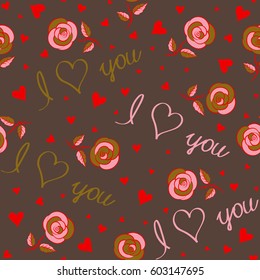 Vector doodle illustration on brown background. Holiday background. Vector hearts, rose flower and love seamless pattern.