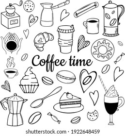 Vector doodle illustration on the theme of coffee and desserts, coffee time collection 