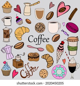 Vector doodle illustration on the theme of coffee and desserts, coffee time collection