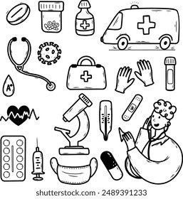 Vector doodle illustration on topic of health and medicine. collection of hand drawn elements.