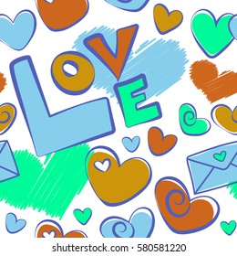 Vector doodle illustration on white background. Holiday background. Vector hearts and love seamless pattern in blue, yellow and orange colors.