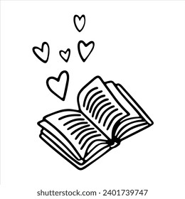 Vector doodle illustration of an open book with hearts. Valentine's Day