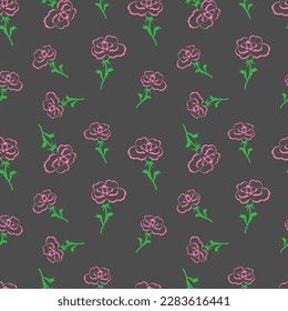 Vektordoodle-Illustration von rosafarbenen stilisierten Rosen, nahtloses Muster auf schwarzem Hintergrund