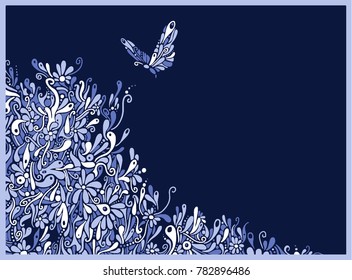 Vector doodle illustration with plants, grass, flowers and butterfly in blue, dark blue and white colors