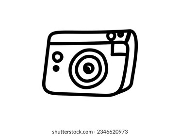 vector doodle illustration of portable retro photo camera - black outline on white. photography, icon