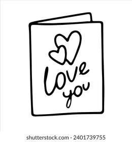 Ilustración de doodle vectorial, postal, corazones e inscripción te aman. Día de San Valentín