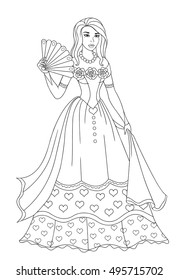 Vector doodle illustration of princess isolated on white background. Beautiful fashion girl in a dress with a fan in her hand. Coloring book for kids.