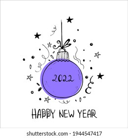 ilustración vectorial de doodle para imprimir en postales alegres navidades. Cartel de Año Nuevo. Juguete de árbol de Navidad. 