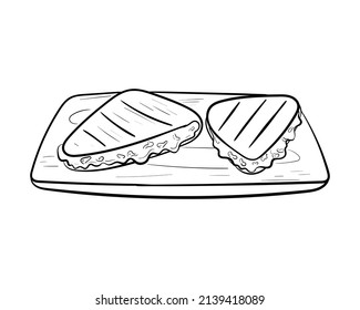 Ilustración vectorial del doodle de quesadilla en tablero de madera, comida mexicana picante aislada en blanco.