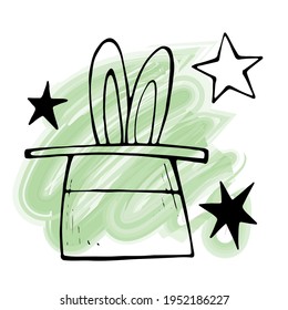 vector doodle illustration of a rabbit in a hat. in a top hat. world circus day. logo. hand drawing for printing on postcards, souvenirs, children's things
