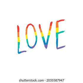 Vector Doodle Illustration Rainbow Word LOVE. Cartoon Pride Colorful Drawing Text. Hand Drawn LGBTQ Flag Support Ribbon Sketch
