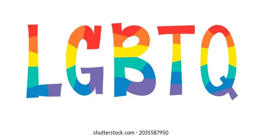 Vector Doodle Illustration Rainbow Word. Cartoon Pride Colorful Drawing Text. Hand Drawn LGBTQ Flag Support Ribbon Sketch