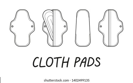 Vector doodle illustration with reusable cloth menstrual pads. Zero waste supplies for personal hygiene. Sustainable lifestyle. Plastic-free concept. How to use menstrual pads