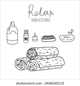 Vector doodle illustration, sauna accessories, towel, jars, soap, shampoos, essential oil, brush, soap bubbles