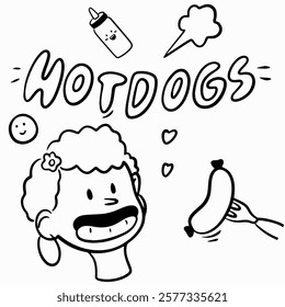 Vector doodle illustration of sausage on fork, character with hot dog in black line, lettering