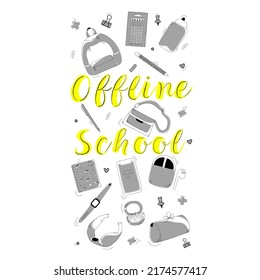 Vector  doodle illustration of school supplies.  Girly accessories.  Delicate school accessories


