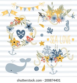 Vector doodle illustration in sea theme. Collection of sea bouquets, animals and symbols on the seamless stripes pattern background. Save the date set
