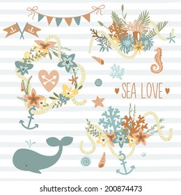 Vector doodle illustration in sea theme. Collection of sea bouquets, animals and symbols on the seamless stripes pattern background. save the date set