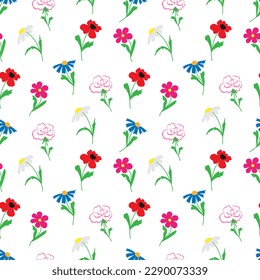 vector doodle illustration seamless pattern of summer flowers isolated on white background. Rose, cornflower, poppy, kosmeya, chamomile.