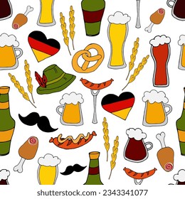 ilustración de doodle vectorial - festival de cerveza Oktoberfest sin fisuras. Bandera alemana en forma de corazón, diferentes tipos de cerveza, aperitivos, sombrero y bigote