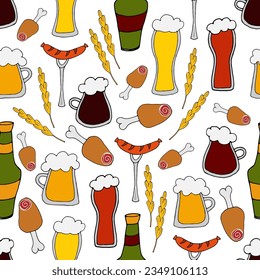 ilustración de doodle vectorial - patrón sin fisuras de diferentes tipos de cerveza en tazas, gafas y botellas con aperitivos. Festival de Cervezas Oktoberfest. para empaque, diseño web, fondo de pantalla