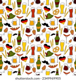 ilustración de doodle vectorial - festival de cerveza Oktoberfest sin fisuras. Bandera alemana en forma de corazón, cerveza, tentempiés, sombrero y bigote.  para empaque, diseño web, fondo de pantalla