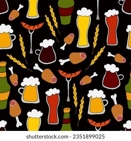 ilustración de doodle vectorial - patrón sin fisuras de diferentes tipos de cerveza en tazas, gafas y botellas con aperitivos sobre fondo negro. Festival de Cervezas Oktoberfest. para empaque, diseño web, fondo de pantalla