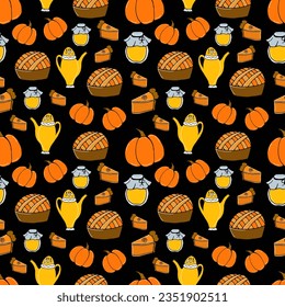 vector doodle illustration, seamless pattern - pumpkin pie with tea, honey and pumpkins on a black background. For packaging, wallpaper, web design, textile on autumn theme and Thanksgiving holiday