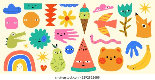 Vector doodle illustration set with animals, flowers, fruits, clouds and hearts. Spring and summer sticker pack print design collection, paper cut abstract style graphic wit bear, fox, crocodile