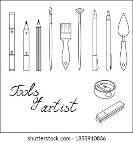 Vector doodle illustration. Set of artist tools. Pencil, ink pen, brushes, markers, liner, sharpener and eraser.