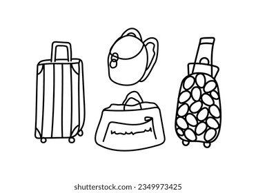 Vektordoodle-Illustrationssatz aus Taschen und Koffern für Reisen, Gepäck, Transport von Dingen. Trolleykoffer, Rucksack und Reisebeutel - schwarze Umrisse auf Weiß.