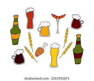 ilustración de doodle vectorial - conjunto de diferentes tipos de cerveza en tazas, gafas y botellas con aperitivos. Festival de Cervezas Oktoberfest.