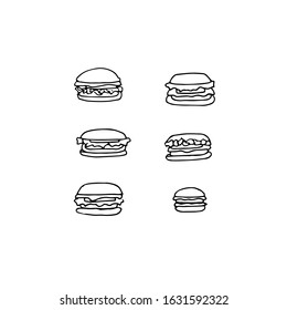 Vector doodle illustration set of six hamburgers