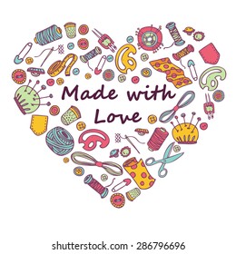 Vector doodle  illustration of sewing and needlework in a heart shape. Hand-made.
Great for promoting and merchandising
