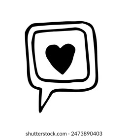 Vector doodle ilustración de mensaje corto sobre el amor. Cuadrado con corazón en el interior se dibuja a mano aislado sobre fondo blanco. Ilustración casual simple en blanco y negro de los amantes mensaje emergente.