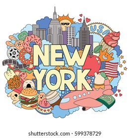 Vector doodle illustration showing Architecture and Culture of New York. Abstract background with hand drawn text New York. Template for advertising, postcards, banner, web design. Hand lettering