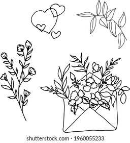 Vector doodle illustration, sketch Love heart. An envelope with a letter. The branches of the plant.