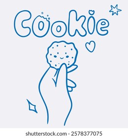 Vector doodle illustration of smiling cookie in blue line in hand, lettering for coffee shop logo, pastry shop, bakery, branding, print