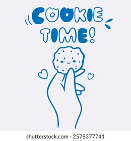 Vector doodle illustration of smiling cookie in blue line in hand, lettering for coffee shop logo, pastry shop, bakery, branding, print, cookie time