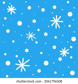 Ilustración de vectores Doodle copos de nieve en diferentes formas y formas sobre fondo azul. Tema del invierno y la navidad.Ilustración vectorial para telas, tarjetas de felicitación, fondos de pantalla, papel para envolver regalos, web