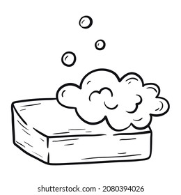 Vector doodle illustration of a solid bar of soap with foam on a white background.
